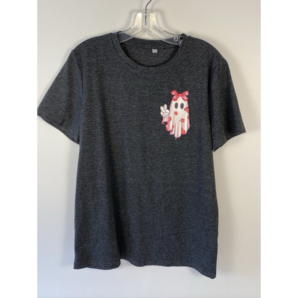 Halloween T Shirt Women's Size L Dark Gray With Pink Ribboned Ghosts Pumpkins